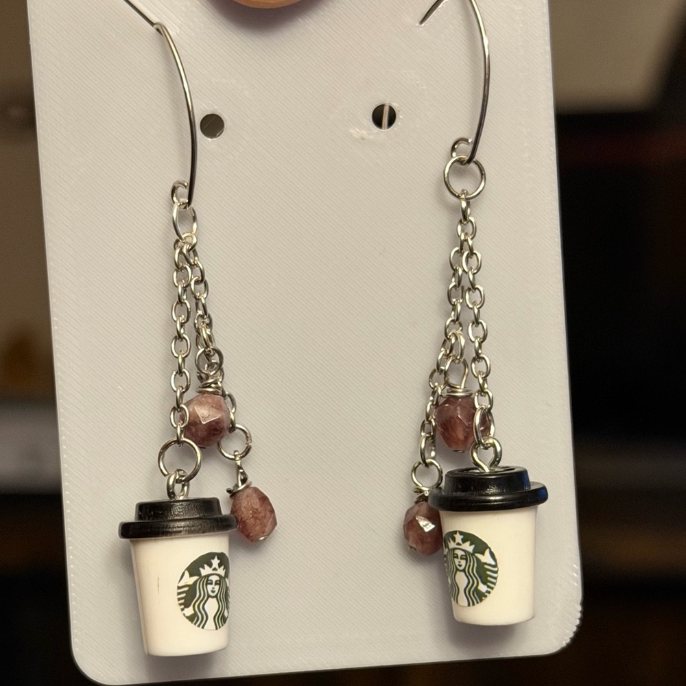 Starbucks Coffee Cup Earrings with Black and Brown Beads